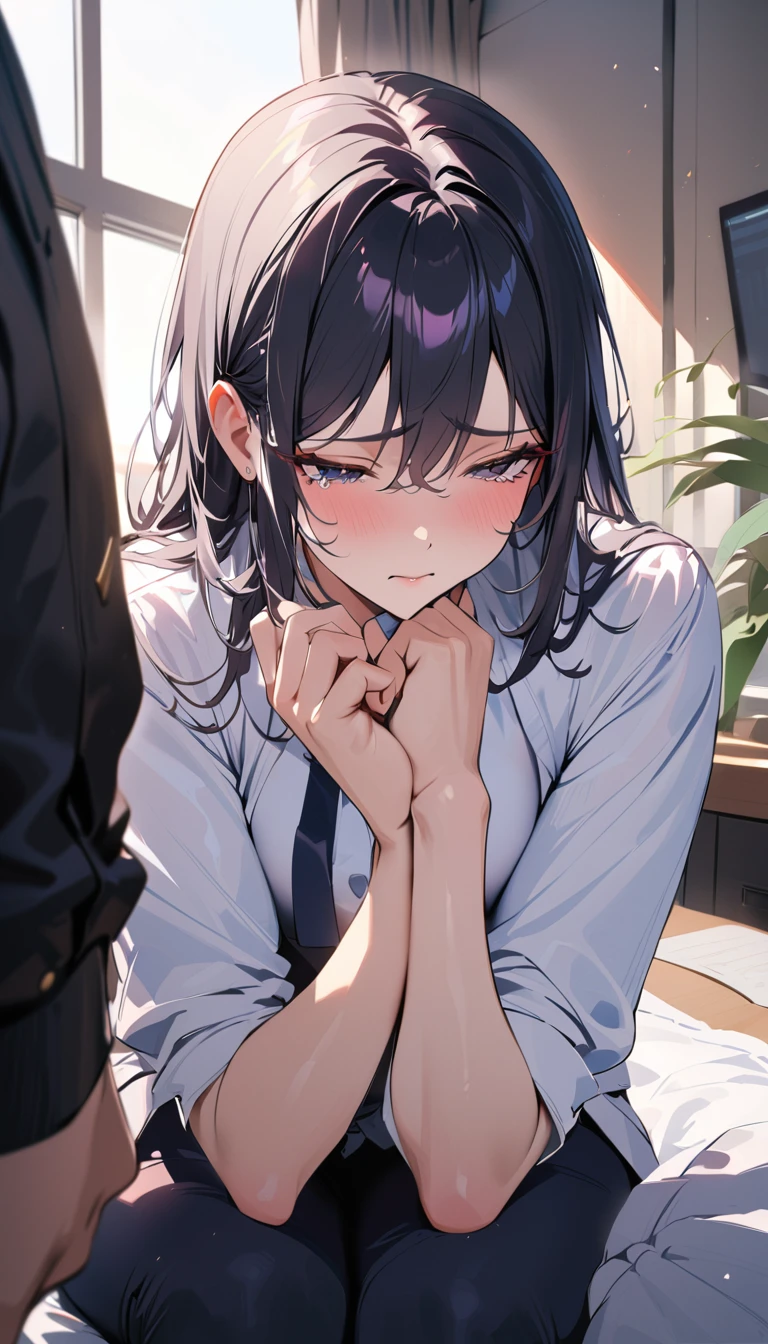 modern, Verism, masterpiece, textured skin, super detail, best quality, 4K,Woman in tears,Mature woman,Sexy Woman,Clothing of office workers ,Black Hair,Slender,Wiping away the tears with my hands

