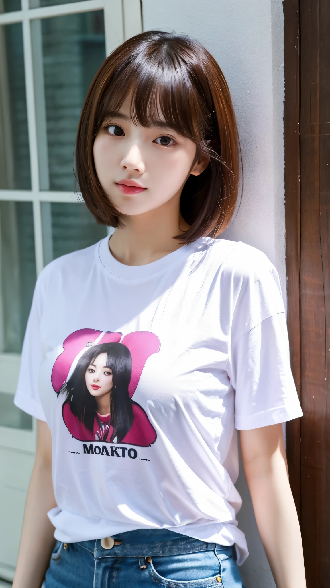 beautiful beautiful korean female, 34 inch breasts size, blunt bangs, wearing t-shirt, from outside, masterpiece