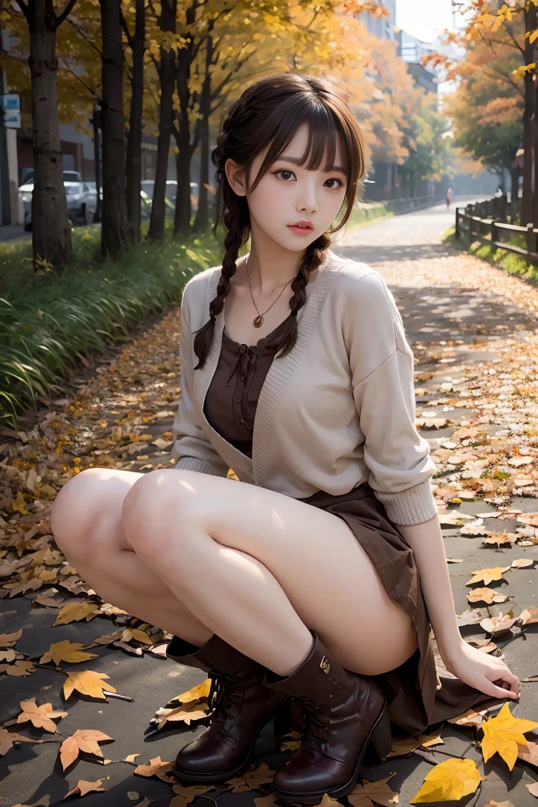 Pussy、Fujita:、8K resolution, Ultra-high-definition CG images, Autumn leaves at night🍁, Moonlight, Long Focus, 1girl in, 20yr old, detailed beautiful faces, (bangs braid, bronze:1.4), (stop hair:1.4), (Autumn coordination), a miniskirt, long boots, variation color, Pointed chest, Beautiful chest line, Pendants, Detailed beautiful eyes, bright red autumn leaves, Maple tunnel, depth of fields, absurderes, 24K Graphic Arts, Carefully drawn background, Composition with depth,
