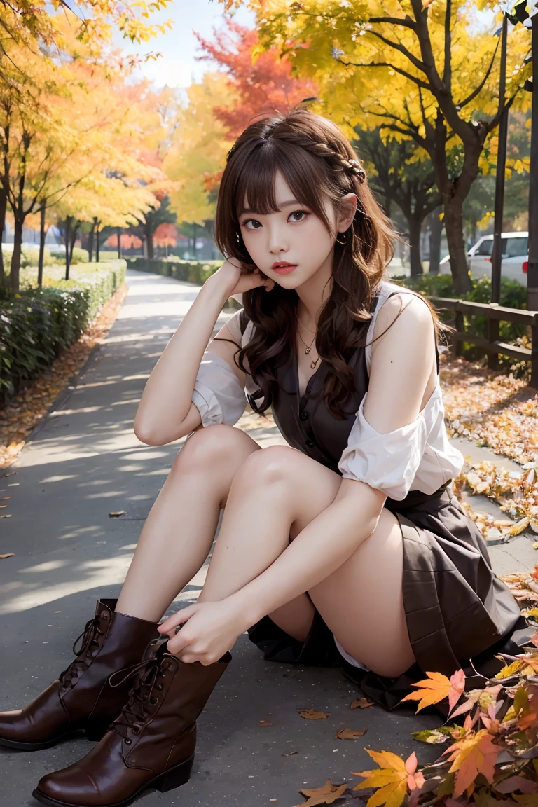 Pussy、Fujita:、8K resolution, Ultra-high-definition CG images, Autumn leaves at night🍁, Moonlight, Long Focus, 1girl in, 20yr old, detailed beautiful faces, (bangs braid, bronze:1.4), (stop hair:1.4), (Autumn coordination), a miniskirt, long boots, variation color, Pointed chest, Beautiful chest line, Pendants, Detailed beautiful eyes, bright red autumn leaves, Maple tunnel, depth of fields, absurderes, 24K Graphic Arts, Carefully drawn background, Composition with depth,