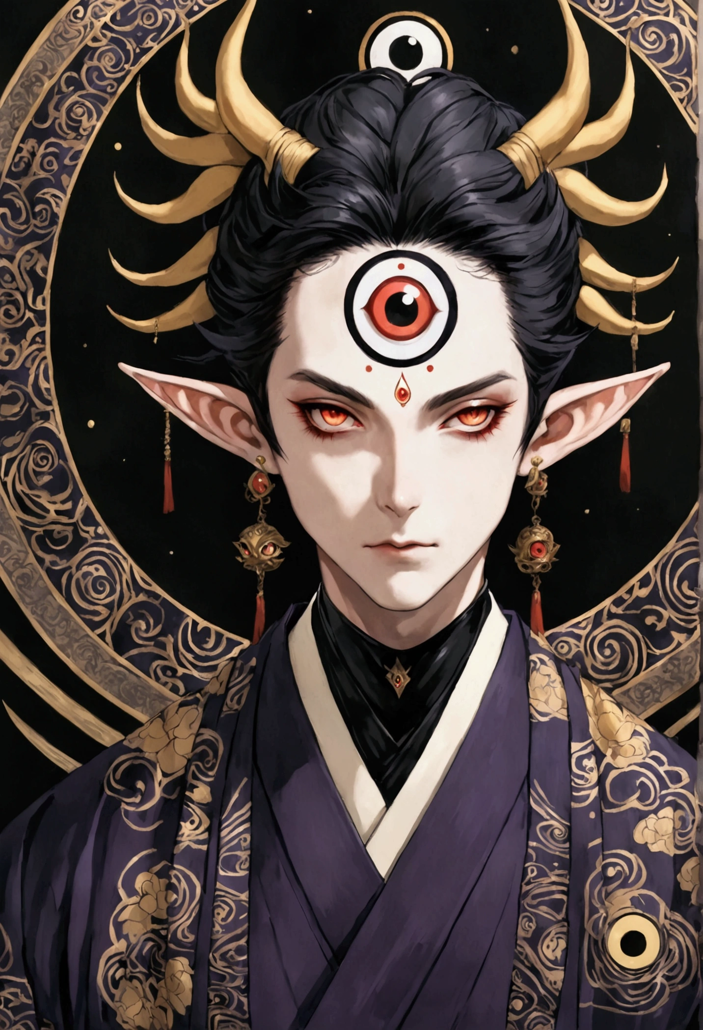 Dark illustration,(((1 Prince,独奏,third eye on the forehead,Dark eyeshadow.Elf ears))),(((Japanese robe kimono:1.6))).whole body