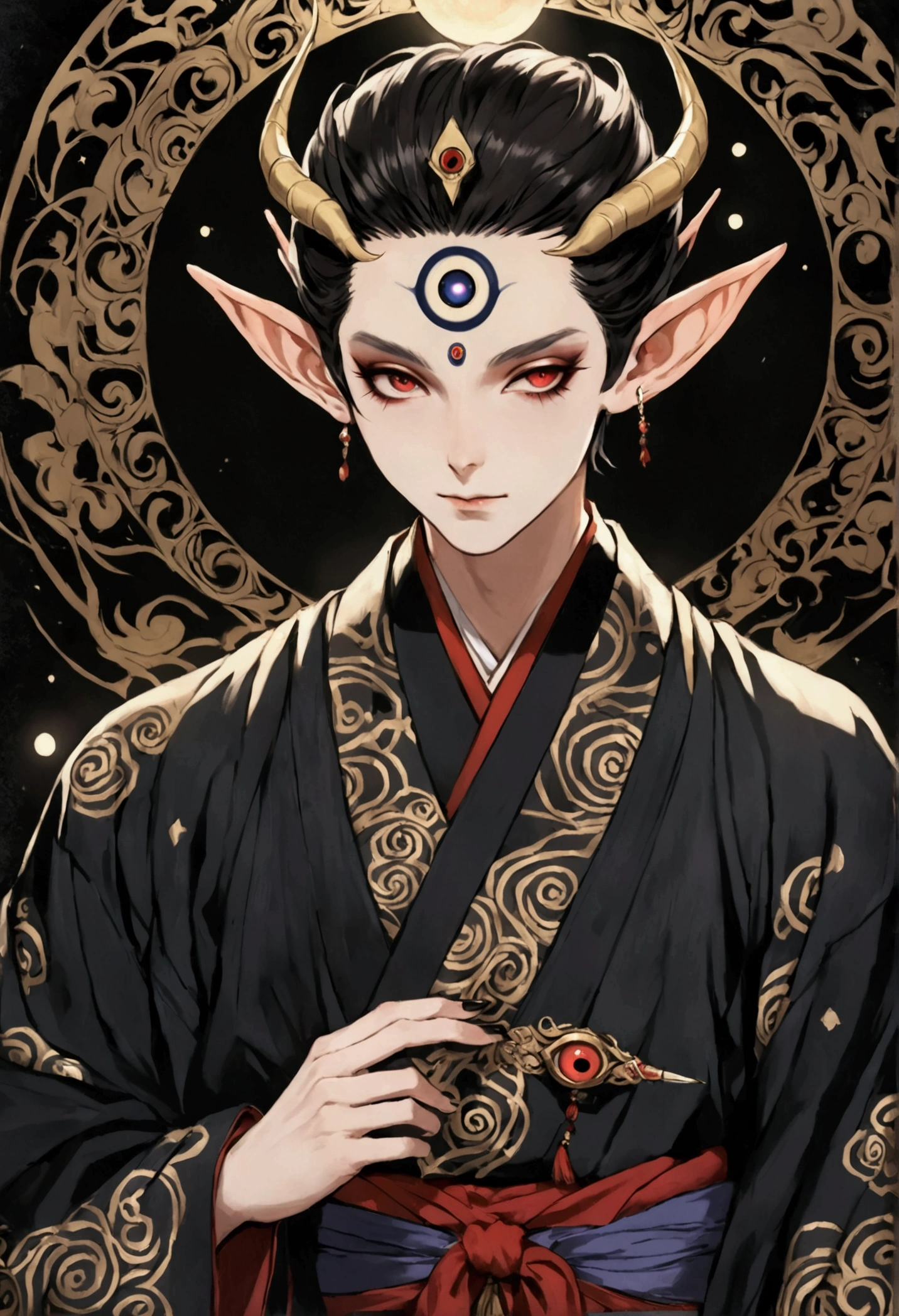 Dark illustration，(((1 Prince，独奏，third eye on the forehead，Dark eyeshadow.Elf ears))),(((Japanese robe kimono：1.6))).whole body