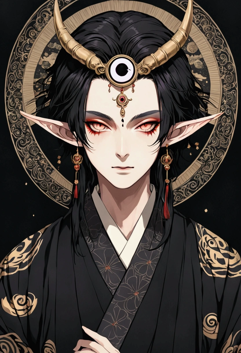 Dark illustration,(((1 Prince,独奏,third eye on the forehead,Dark eyeshadow.Elf ears))),(((Japanese robe kimono:1.6))).whole body