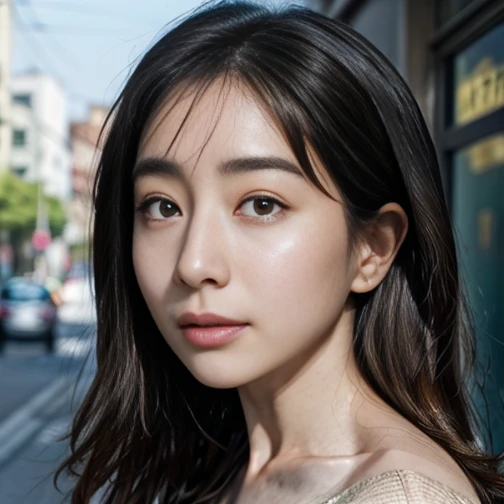 Beautiful Japanese actresses,1 girl,flying debris, Very detailed, Focus your eyes, Age 35,Black Hair、Symmetrical face,Realistic nostrils、Angle from below、Elongated C-shaped nostrils NSFW,(Sharp Nose)Sweaty skin、Glowing Skin,(Brow wrinkles))（Cum on tongue)、((Thin eyebrows))Oily skin、Glowing Skin、double eyelid、、Beautiful woman、Medium Hair,With eyes wide open、Shortcuts、Summer cityscape、Off the shoulder、Ska can see the sky、Shibuya Center Street