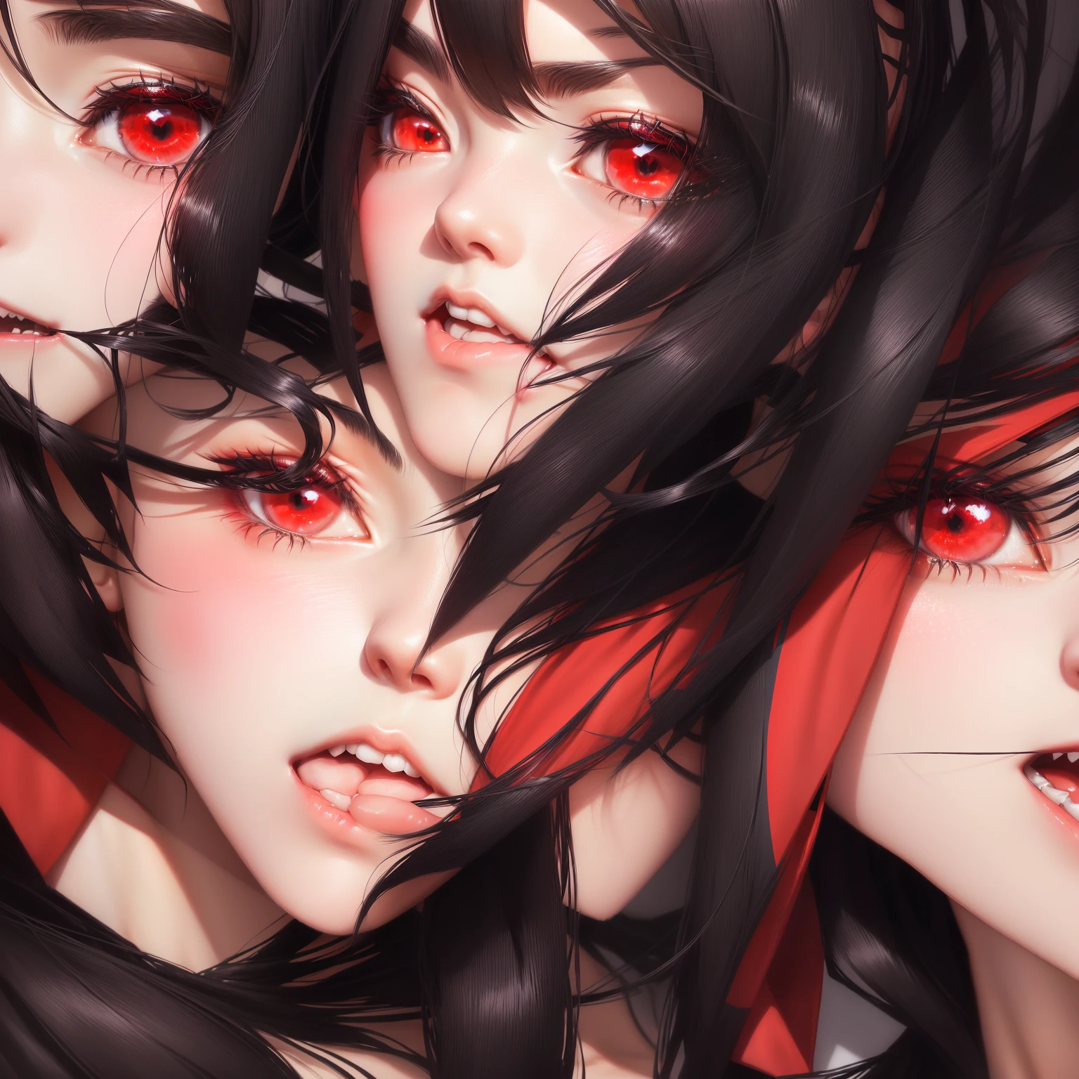 anime girl with long black hair and red jacket staring at camera, The charming Ryuko Matoi, ryuko matoi, Gap Moe Yandere, Anime-style 3D, portrait Gap Moe Yandere grimdark, ((red)) Swollen eyes, Gap Moe Yandere grimdark, Anime Moe Art Style, inspired by Jin Homura, Anime style ultra detailed