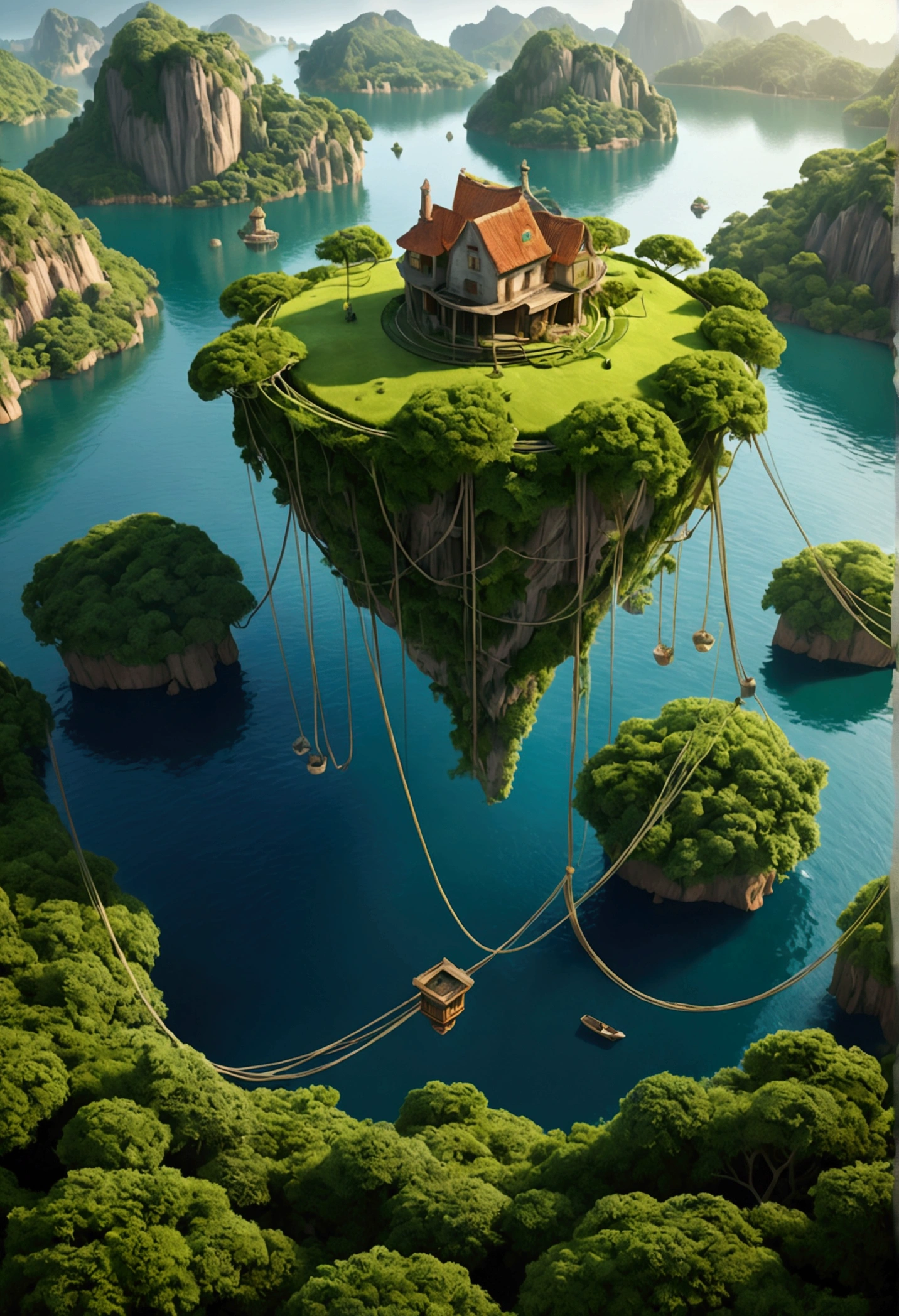 (Mysterious Island), In a surreal landscape where gravity is but a suggestion, wanders among floating islands of greenery, each tethered to the ground by delicate chains, a harmonious blend of  and connection, award-winning, cinematic still, emotional, vignette, dynamic, vivid, (masterpiece, best quality, Professional, perfect composition, very aesthetic, absurdres, ultra-detailed, intricate details:1.3)