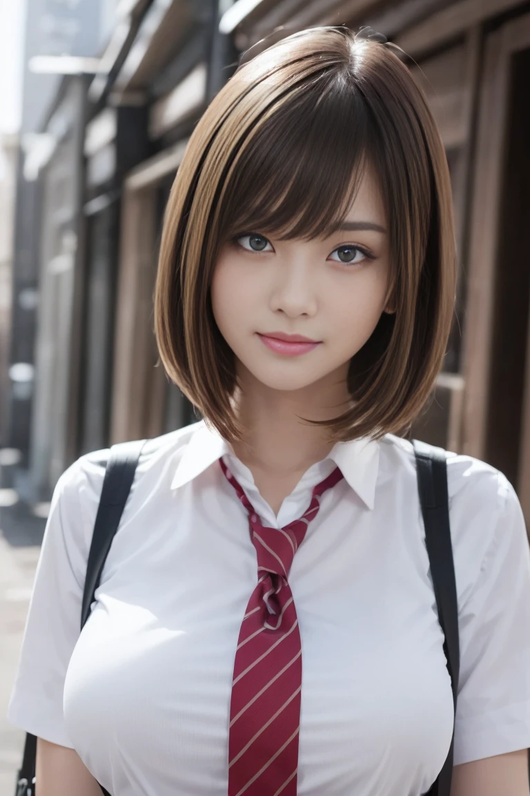 8k,Highest quality, Tabletop, Very detailed, 超High resolution, Realistic, RAW Photos, Absurd, Absolute Resolution, 1 girl, Upper Body Shot, Looking at the audience,Young and beautiful Japan woman, Very cute face, Gorgeous appearance, Big Breasts,Long Bob Hair,smile,(school uniform:1.3),Beautiful Eyes,(the wind is strong:1.3), 混雑した道をsmileで歩く,Glossy Lips, Double eyelids on both eyes, Natural Makeup, Long eyelashes, 艶やかで滑らかなライトブラウンのLong Bob Hair, Asymmetrical bangs, Glowing Skin, Center image, High resolution, Attention to detail, Detailed hairstyle, Detailed face, Great cinema lighting, Octane Rendering, Vibrant, Surreal, Perfect limbs, Perfect Anatomy