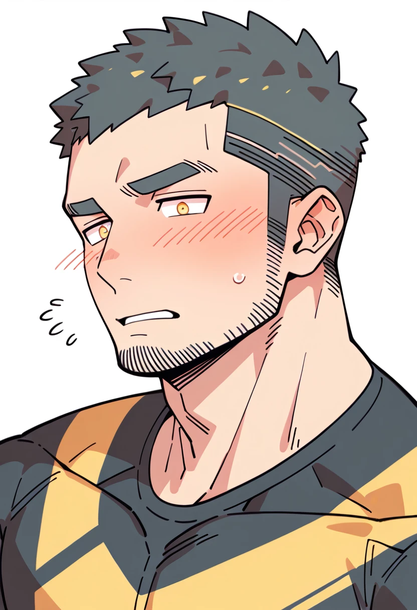 anime characters：Gyee Priapus, Muscle Sports Student, Buzz Cut, Manliness, male focus, Compression bodysuit, Yellow and black long-sleeved tight T-shirt, Very tight, Regular symmetrical pattern, full and perky chest muscles, muscular male, muscular, only, Upper body, alone, Red short hair, Thick eyebrows, stubble, Brown-red pupils, White background, simple background, amazing quality, best aesthetics, Ridiculous, crew cut, parted lips, flustered, endured face, shy, blush, negative space, best quality