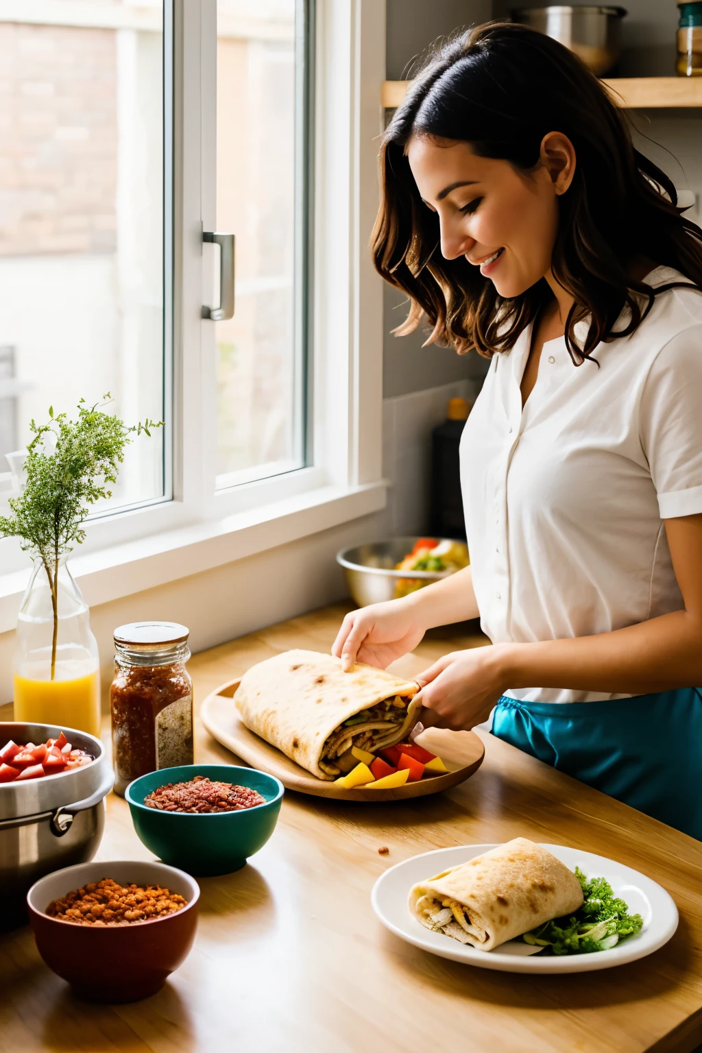 Woman preparing burritos and the table full of ingredients 