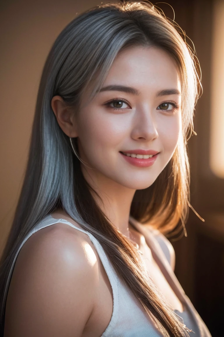 a beautiful woman with long silver hair, detailed face, smiling, high quality, realistic, photorealistic, photo-realistic, HDR, 8k, (best quality, 4k, 8k, highres, masterpiece:1.2), ultra-detailed, (realistic, photorealistic, photo-realistic:1.37), cinematic lighting, warm color tones, elegant, serene