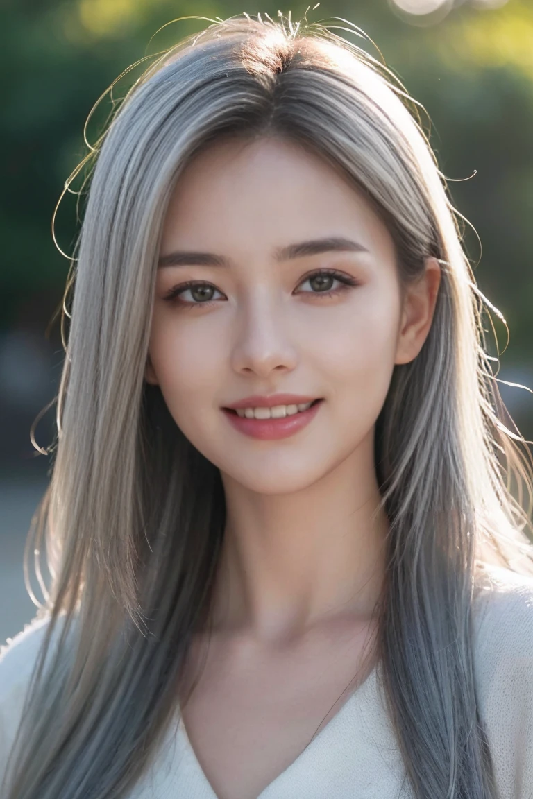 a beautiful woman with long silver hair, detailed face, smiling, high quality, realistic, photorealistic, photo-realistic, HDR, 8k, (best quality, 4k, 8k, highres, masterpiece:1.2), ultra-detailed, (realistic, photorealistic, photo-realistic:1.37), cinematic lighting, warm color tones, elegant, serene