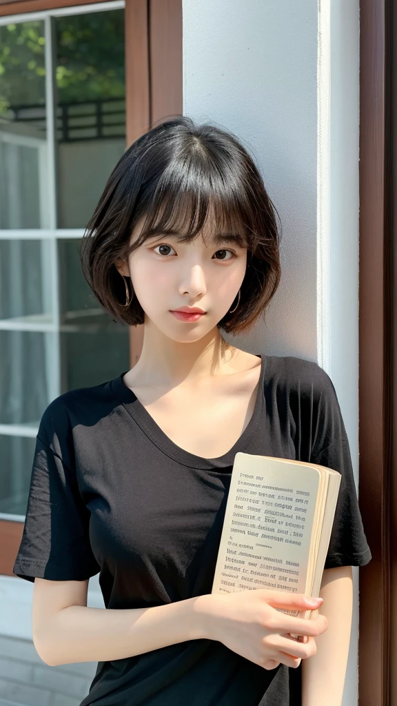 beautiful beautiful korean female, 34 inch breasts size, blunt bangs, wearing black t-shirt, holding book, from outside, masterpiece