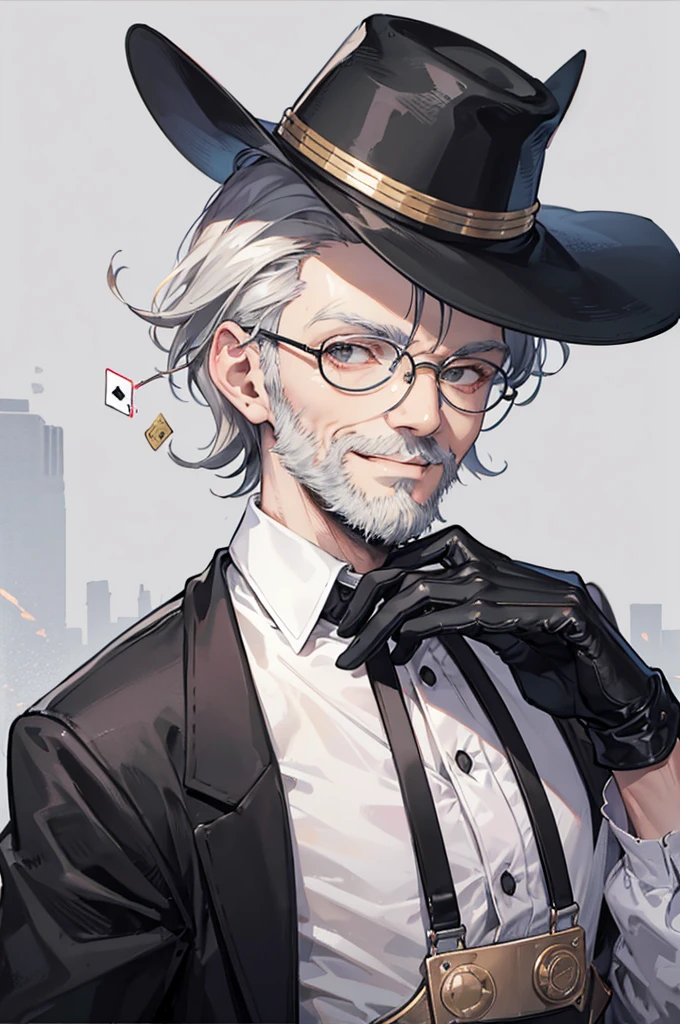 masterpiece, best quality, elderly man, skinny, very short gray hair, unshaven beard, circular glasses, black hat, black gloves, white shirt with black suspenders, beige jacket on top, friendly smile, poker card in his hand, letter close to his face, looking forward.
