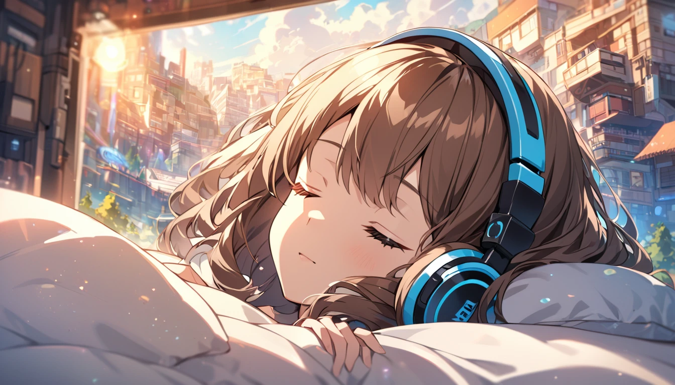 Girl wearing headphones,Brown Hair,1 person,bright,Detailed Background,Reality and dreams,Are sleeping