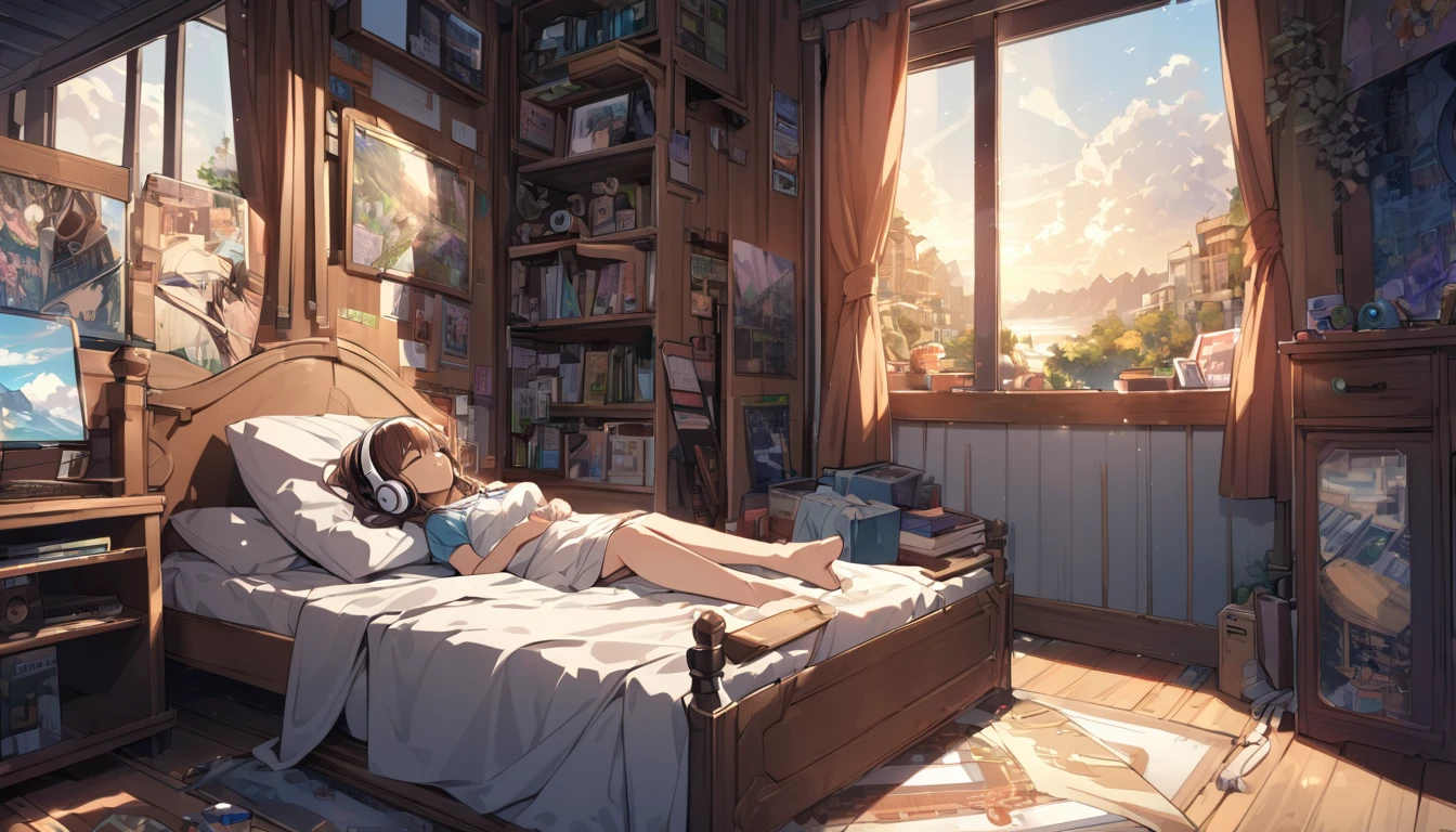 Girl wearing headphones,Brown Hair,1 person,bright,Detailed Background,Reality and dreams,Are sleeping