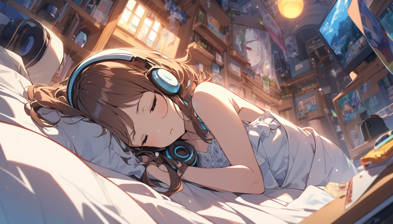 Girl wearing headphones,Brown Hair,1 person,bright,Detailed Background,Reality and dreams,Are sleeping