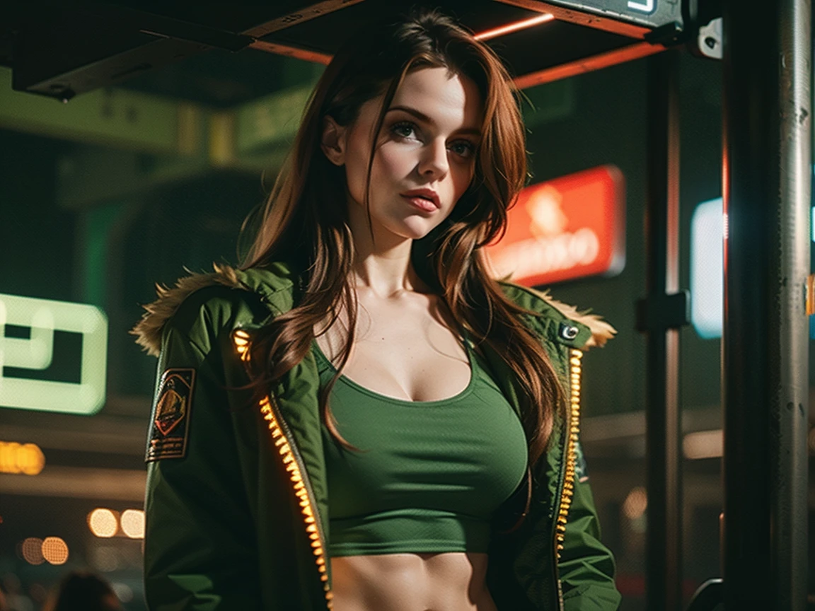 Beautiful small breasts, wearing sturdy jacket, long hair, machine arms in cyberpunk night scene, Cyberpunk red green backdrop