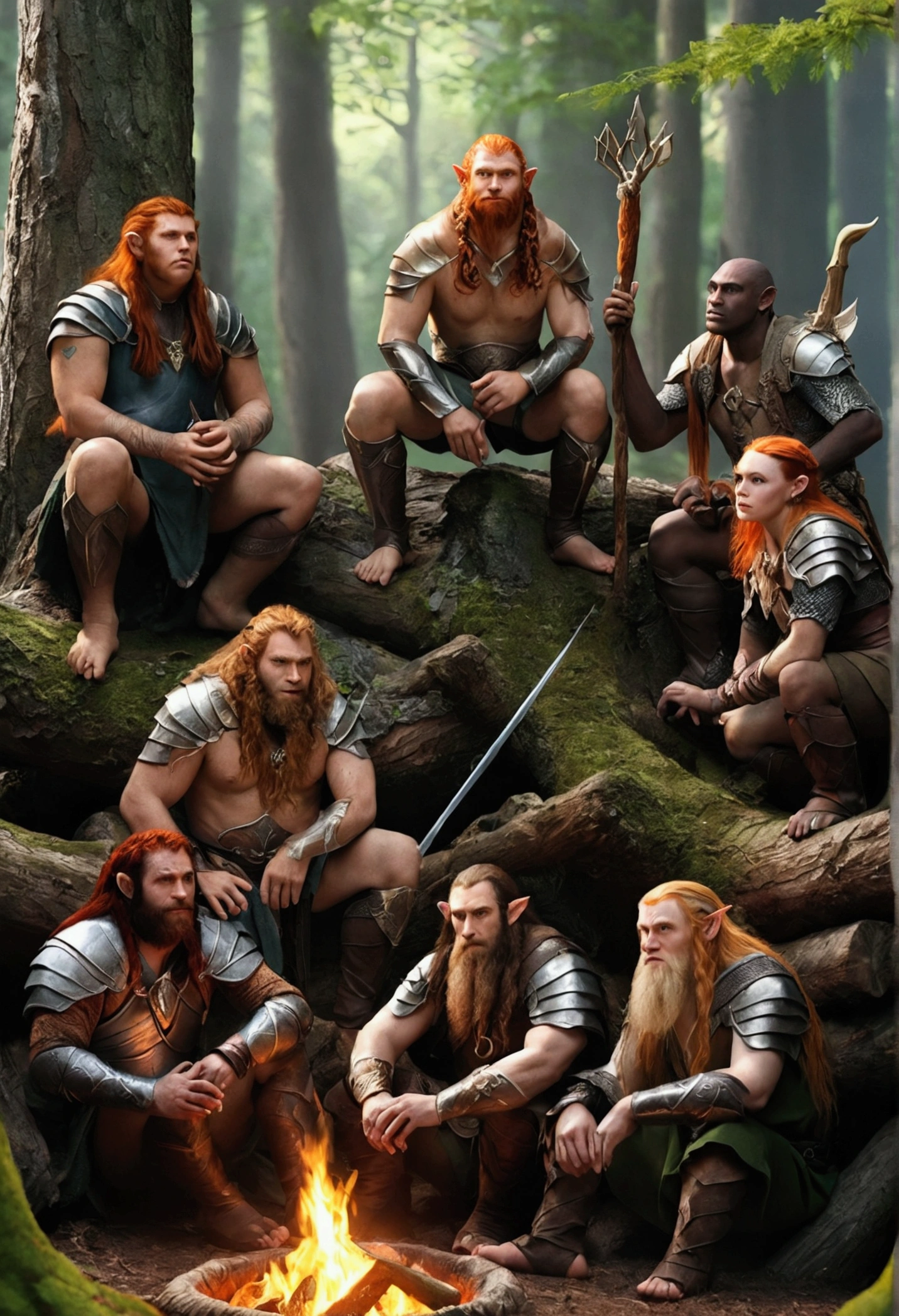 War between the Elves and Orcs from Lord of the Rings, Create an image of a group of people camping in a forest surrounding a battle. The group is diverse, made up of different fantasy races: An elf with long, blonde hair and pointy ears, a stout dwarf with a red beard, a towering giant with grayish skin, a merman with bluish skin and shiny scales, and an ordinary-looking human with brown hair. Everyone is sitting on logs and rocks, drinking and laughing, as the bonfire lights up their faces and the forest around them, creating a magical and welcoming atmosphere. Now I want an image that combines the races I requested previously into one image with several characters of different races, dwarves, Giants, humans, elves, newts, pale skin, man-photo, neandertais, angels and black angels. several side by side, in different positions, in different positions and with different clothes, a black, one white, a redhead and a tall
