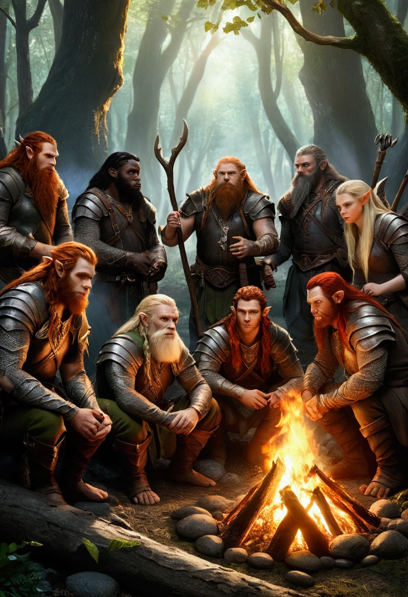 War between the Elves and Orcs from Lord of the Rings, Create an image of a group of people camping in a forest surrounding a battle. The group is diverse, made up of different fantasy races: An elf with long, blonde hair and pointy ears, a stout dwarf with a red beard, a towering giant with grayish skin, a merman with bluish skin and shiny scales, and an ordinary-looking human with brown hair. Everyone is sitting on logs and rocks, drinking and laughing, as the bonfire lights up their faces and the forest around them, creating a magical and welcoming atmosphere. Now I want an image that combines the races I requested previously into one image with several characters of different races, dwarves, Giants, humans, elves, newts, pale skin, man-photo, neandertais, angels and black angels. several side by side, in different positions, in different positions and with different clothes, a black, one white, a redhead and a tall