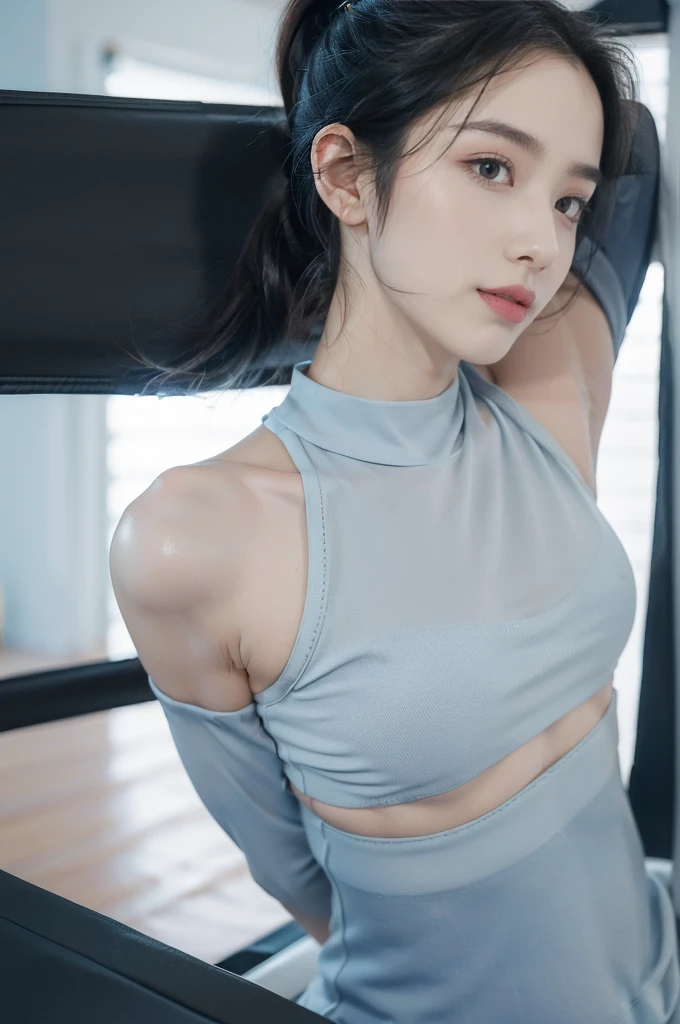 ((((8k))),((Extremely meticulous CG)) ,(wallpaper),16k,((Extremely refined and beautiful)),(((Masterpiece))),(((best qualtiy))),(((Ultra High Resolution))),beautiful light up,Perfect lightning,realistic shaded,((high resolution)),(Smooth and flawless fair skin:1.5),(pale skin:1.3),(Extremely exquisite facial details:1.2),(perfect body:1.1),(ultra-detailed),((A beautiful girl,solo)),(small head:1.2),(short ponytail:1.2),(small face:1.2),(baby face:1.3),(Exquisite makeup:1.2),(blush:1.3),(sweat:1.5),(shiny skin:1.5),(small breasts:1.2),(flat chests:1.2),((slim,thin)),(laughing:1.2),(happy:1.2),(light blue yogatop:1.3),(sleeves:1.2),(dark blue yoga pants:1.3),(slender legs:1.2),(white socks:1.2),(day scene:1.3),(indoor:1.2),(in the living room:1.3),(Gym style decoration style:1.3),(Various fitness equipment:1.3),(detailed background:1.5),(Sitting on the treadmill:1.3),(arms behind back:1.3),(upper body:1.3),(from front:1.3)
