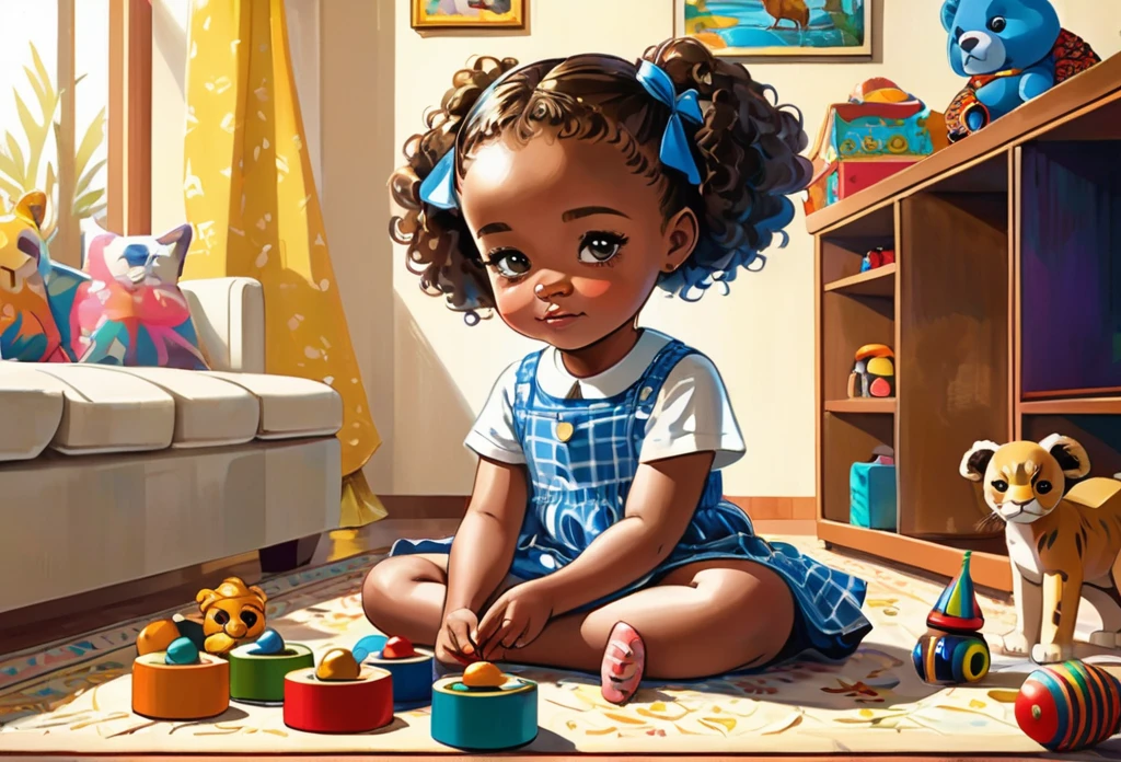  4 years old girl sitting on the floor, playing with her toys in a nice modern sitting room,
African (masterpiece best quality:1.2) delicate illustration ultra-detailed, illustrations, bright, colourful, 