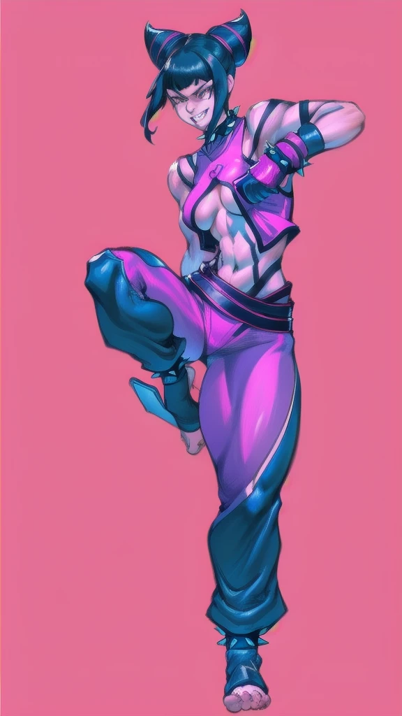 Full body image of Juri Han from Street Fighter 5, wearing her original outfit (black and purple clothes with spiked accents, barefoot with taped feet, and arm guards), short black hair styled in twin buns, female body, athletic and flexible body, dynamic pose, detailed pose, simple background, expressive face showing a mischievous grin, focus on face, line art, sketch
