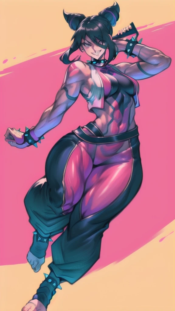 Full body image of Juri Han from Street Fighter 5, wearing her original outfit (black and purple clothes with spiked accents, barefoot with taped feet, and arm guards), short black hair styled in twin buns, female body, athletic and flexible body, dynamic pose, detailed pose, simple background, expressive face showing a mischievous grin, focus on face, line art, sketch