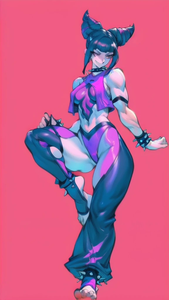 Full body image of Juri Han from Street Fighter 5, wearing her original outfit (black and purple clothes with spiked accents, barefoot with taped feet, and arm guards), short black hair styled in twin buns, female body, athletic and flexible body, dynamic pose, detailed pose, simple background, expressive face showing a mischievous grin, focus on face, line art, sketch