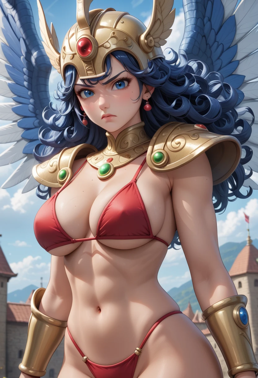 1girl, female warrior, dragon quest 3, red bikini armor, winged helmet, dark-blue hair, curly hair, serious face, voluptuous, masterpiece quality, intricate detail, 4k resolution, ultra hd