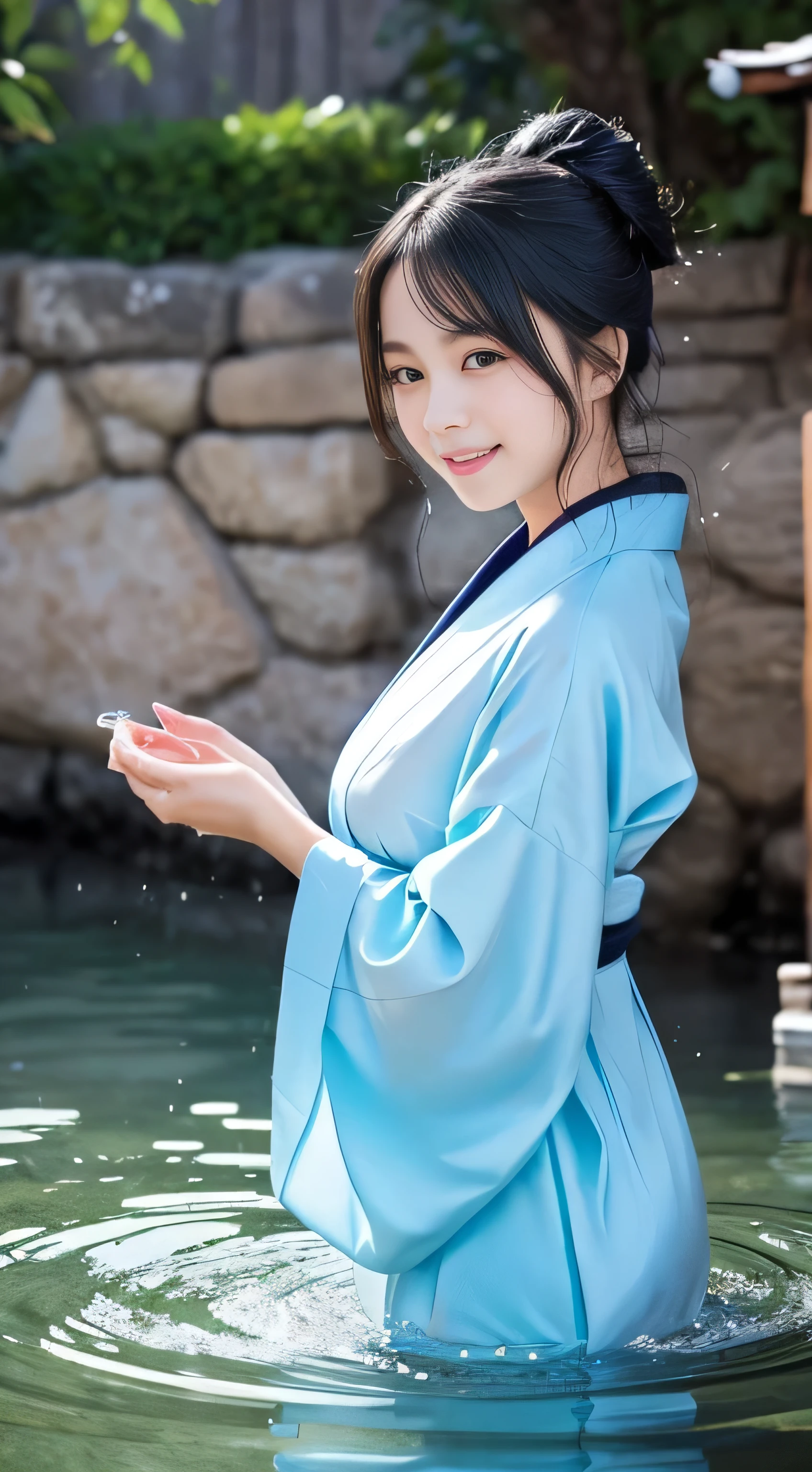 Create an ultra-cute and charming depiction of a Nure-onna, a water spirit from Japanese folklore, reimagined as a moe character with exaggerated and adorable features.
Nure-onna's Moe Appearance:
Enormous Wet Kimono:
The kimono is exceptionally large, trailing slightly on the ground with a length that adds to her cute clumsiness. It is always slightly damp, giving a gentle sheen.
The color of the kimono is a soft, deep blue or black, with subtle patterns of water droplets and waves, adding a whimsical touch.
Abnormally Long Black Hair:
The hair is extraordinarily long, reaching down to her waist in silky, flowing strands. It is always slightly damp, giving it a glossy and healthy look.
The hair is neatly styled but has a few playful tangles, moving softly like waves.
Pale Blue Skin:
Her skin is a delicate, pale blue, with a soft, almost glowing quality that makes her look ethereal and gentle.
Tiny water droplets adorn her skin, glistening like dew and adding to her magical appearance.
Large, Adorable Eyes:
Her eyes are abnormally large and sparkling, filled with a captivating light. The pupils are a cool blue or green, giving her an innocent and curious look.
Soft shadows around her eyes add depth, and a few tears give her a melancholic yet endearing expression.
Sharp, Yet Cute Claws:
Her fingertips end in long, sharp claws, but they are elegantly shaped and polished, giving them a cute, stylish appearance.
The claws glisten with tiny water droplets, reflecting a gentle light.
Charming Smile:
Her mouth forms a sweet, shy smile, with small, sharp teeth that look more playful than menacing.
The smile is warm and inviting, exuding a sense of gentle mischief.
Water Puddles at Her Feet:
Wherever she walks, small, sparkling puddles of water form at her feet.
Water gently drips from her footsteps, creating a soothing and magical ambiance.
Flowing Water from Her Back:
Water flows gently down her back, like a soft, continuous stream, adding to her serene and mystic