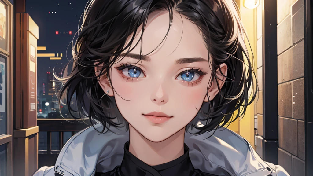 (perfect anatomy:1.2)(absurdres, highres, ultra detailed),masterpiece,best quality,high resolution,8k,Realistic face,Realistic skin texture,magnified textures, stunning clarity,detailed anime girl,(ultra detailed eyes and face),(1 girl:1.7)21years old,she is office worker,,smile:1.2,black hair, bob cut,natural make,grey jacket and pants,black brouse,,sparkling eyes.small nose,roundface、just left the office when it was time to leave,night, bussines district,she is walking,happy,she just leave her company,upper body