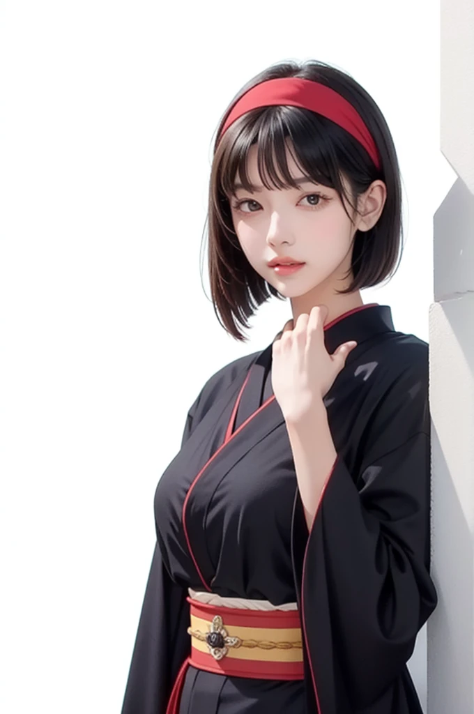 portrait, solo focus, solo, close-up, (white background, plain background, simple background:1.3), looking at viewer, (parted lips:1.2)
 tsukimichi_spider, 1girl, japanese clothes, kimono, yellow eyes, solo, gloves, short hair, bangs, blunt bangs, outdoors, black gloves, day, sky, cloud, looking at viewer, hairband, closed mouth, black kimono, obi, sash, upper body, black hair, spider web print, red hairband, long sleeves, bob cut, brown hair, showing her body 