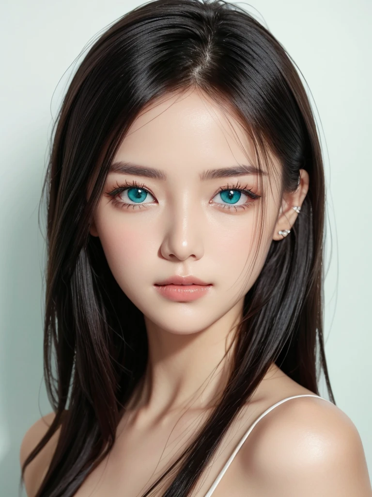 Close-up shot of a stunning woman with flawless facial features: pale white skin, small smile, and piercing blue eyes fully surrounded by luscious black hair. Her gaze is captivating, framed against a pure white background wall. Emerald green studio lighting accentuates her porcelain-lik