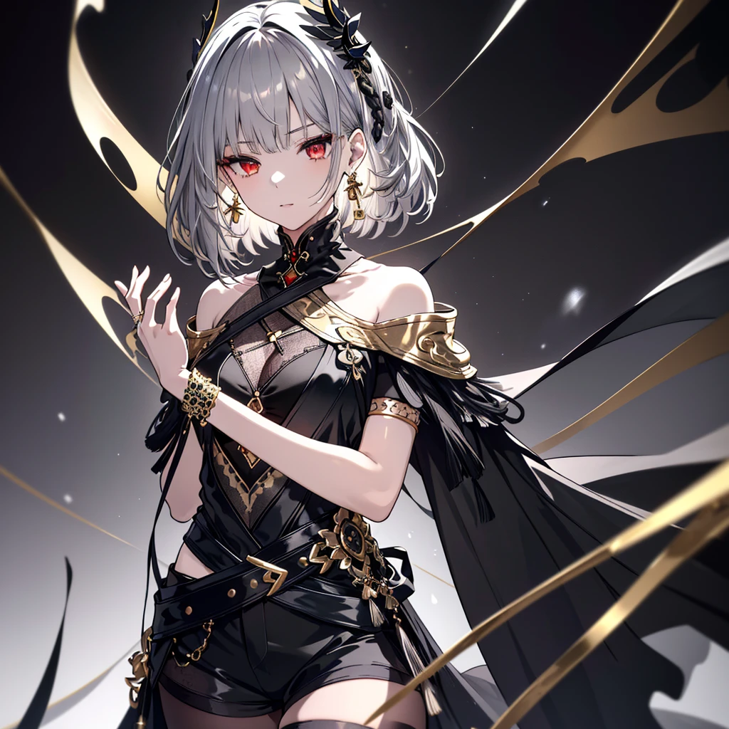 8k,High resolution RAW color art,Anime Art,Silver Marble Skin, (((Very detailed and cool))), Detailed skin, Blur、texture,(Exquisitely crafted, The finer details, Ultra-detailed art), (((1 girl))), Depth of written boundary, Silky Touch, Hyper Detail, (((Cool face))), eye shadow、Armed women, Beautiful detailed red eyes, Beautiful lip detail, Highly detailed face, Delicate depiction of hair and eyes, Detailed Fashion, Golden earrings,Full body depiction, Black half top、(((Shoulder Bare)))、Black shorts、Waist Cloak、black tights、Golden decoration, Grey Hair, Golden bracelet, Straight Hair、Short Hair、(((Hair)))、Simple Background、(((Black theme)))、snow、look down、cloth、Clear face、dorsal position