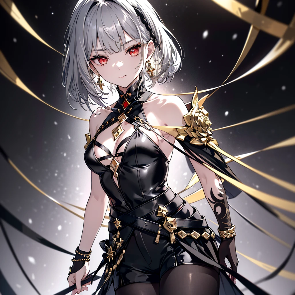8k,High resolution RAW color art,Anime Art,Silver Marble Skin, (((Very detailed and cool))), Detailed skin, Blur、texture,(Exquisitely crafted, The finer details, Ultra-detailed art), (((1 girl))), Depth of written boundary, Silky Touch, Hyper Detail, (((Cool face))), eye shadow、Armed women, Beautiful detailed red eyes, Beautiful lip detail, Highly detailed face, Delicate depiction of hair and eyes, Detailed Fashion, Golden earrings,Full body depiction, Black half top、(((Shoulder Bare)))、Black shorts、Waist Cloak、black tights、Golden decoration, Grey Hair, Golden bracelet, Straight Hair、Short Hair、(((Hair)))、Simple Background、(((Black theme)))、snow、look down、cloth、Clear face、dorsal position