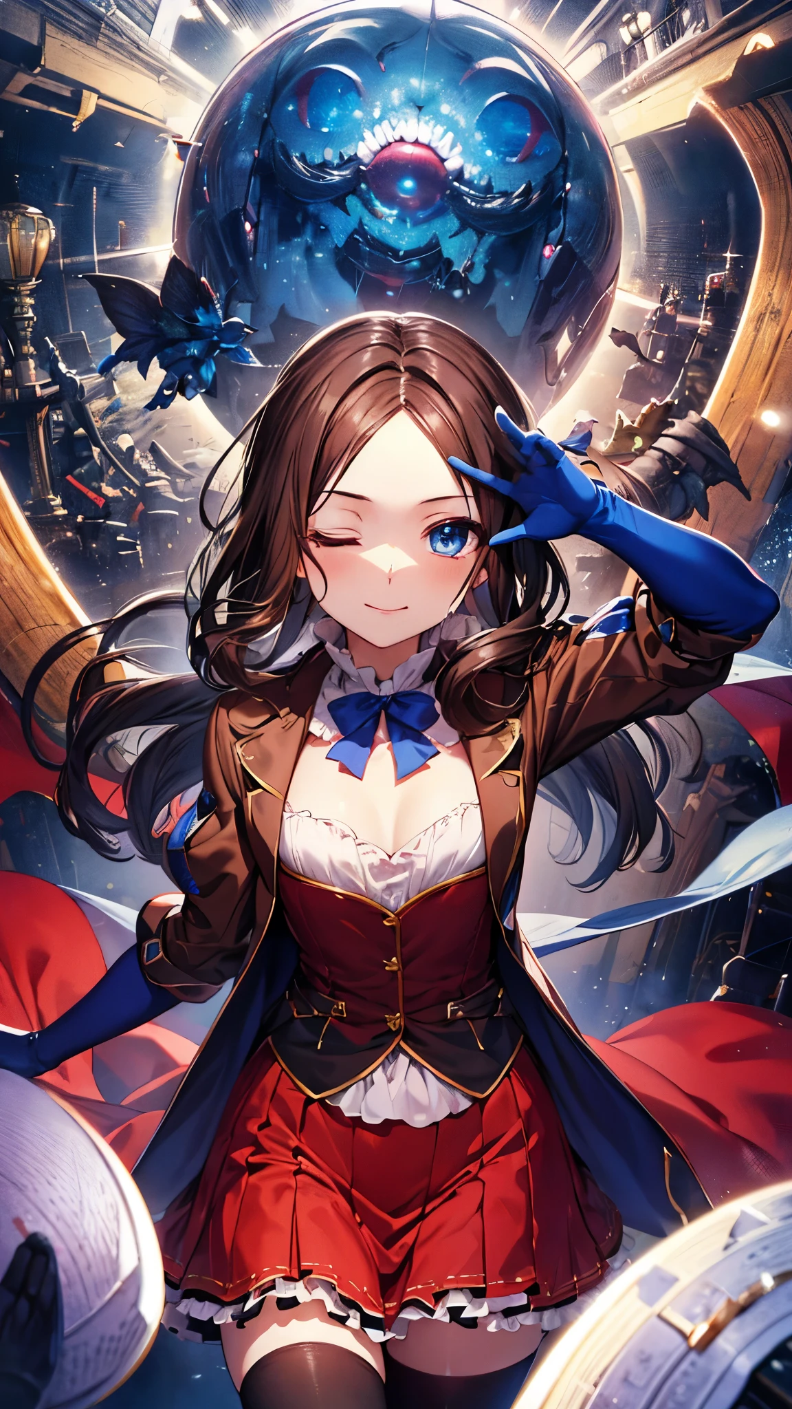 (upper body),leonardo da vinci rider, blue eyes, brown hair, long hair, parted bangs,flat chest,(chibi:1.2),black footwear, brown jacket, elbow gloves, gloves, jacket, loafers, metal gloves, pantyhose, red skirt, shoes, skirt, puffy sleeves, thighhighs, blue thighhighs,one eye closed,evil smile,masterpiece,Noise Reduction,perfect anatomy,high resolution, ultra-detailed, ultra-detailed face,game cg,dutch angle ,beautiful detailed eyes,visualart,five fingers, perfect hands, perfect lighting,