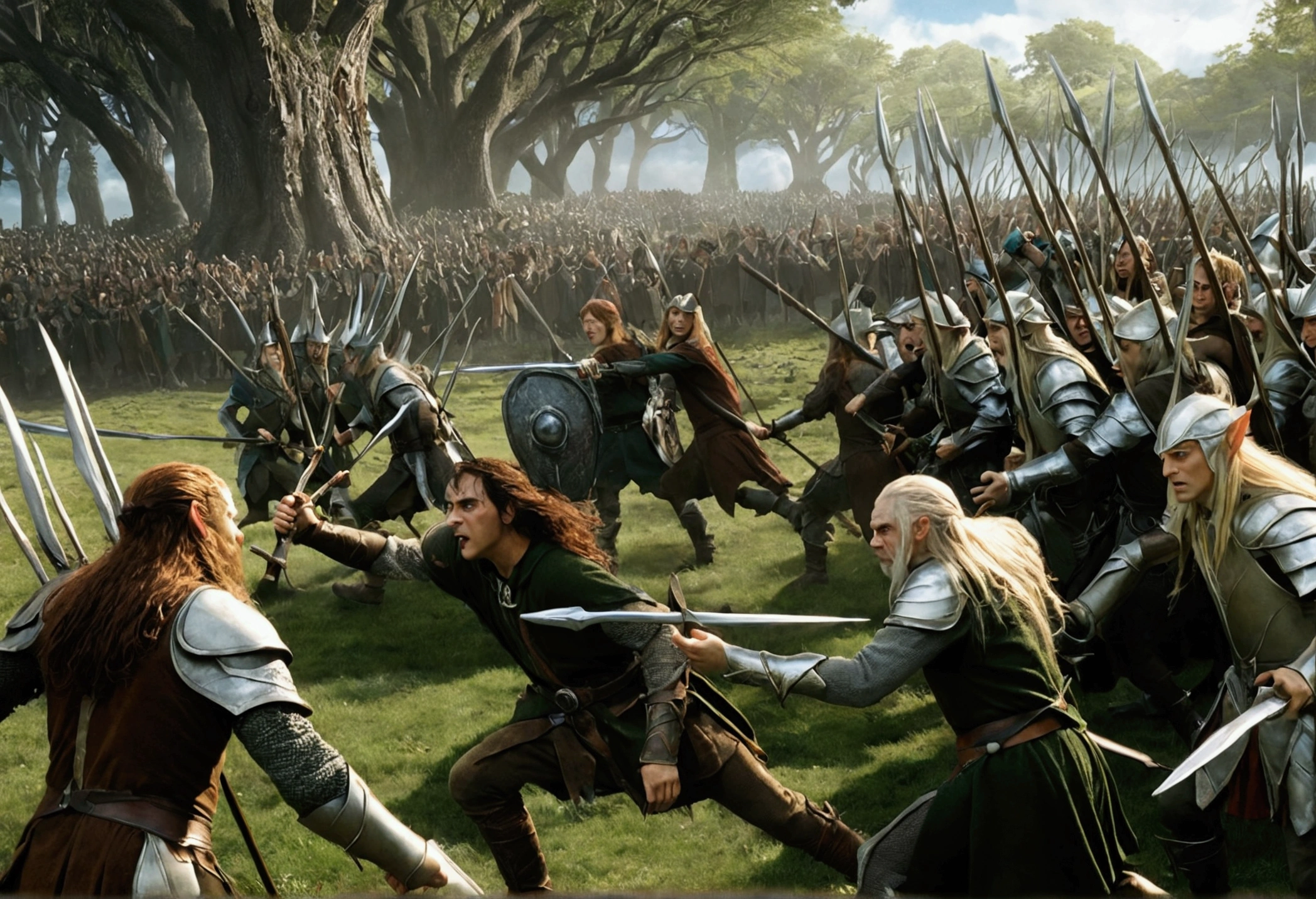 War between the Elves and the giants from Lord of the Rings, with another elf nearby