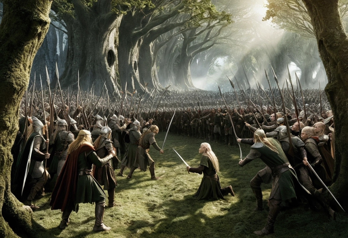 War between the Elves and the giants from Lord of the Rings, with another elf nearby