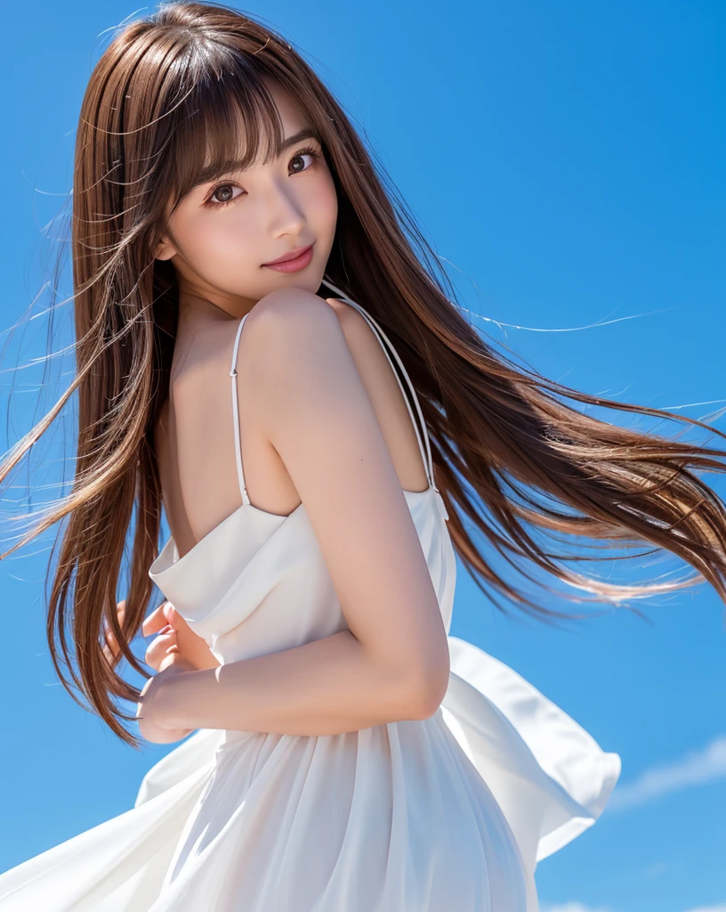 (highest quality, 32K, High resolution, Masterpiece:1.5, ), marimo_jet, god々A photograph with brilliant dazzling and healing power., Evoking a sense of calm and elusive beauty, Expressing emotions, Have a rich imagination,Beautiful Japanese Girls, An exceptionally beautiful face, Small Face Beauty, Perfect Human Anatomy, ((Looking back:1.2)), Magical big eyes, Motherhood and generosity, Deep Love, A fleeting smile, ((Shiny brown hair:1.1)), ((Super Long Straight Silk Hair)), Asymmetrical bangs, Hair between the eyes, Transparent, soft white skin, Sharp eyebrows, Thin lashes, Natural Makeup, Cheek highlighter, Pale pink detailed lips, , ((White dress:1.2)), High resolution perfect collarbone, High resolution beautiful bust, Slim figure with ample breasts, High resolutionの美しい太もも, ((Detailed blue sky background:1.3)), Dazzling Sun, Professional Lighting, Professional photographer, Professional models, God&#39;s Secret