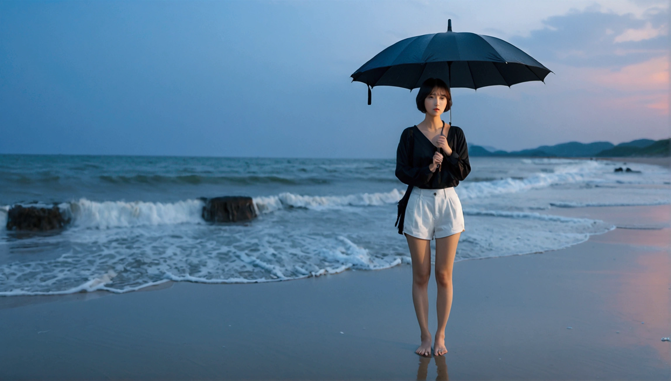 8k, Vivid picture quality, Vivid picture quality, long deserted beach, Full body shot from a distance with a wide angle lens, Short hair, beautiful appearance, Model-like body, Short and slim Korean woman, sunset의 붉은 빛, sunset, alone, afternoon, depressed, tide가 밀려온다, rain, medium size black umbrella, ocean, tide, wind, Clear picture quality, tower, White shorts, Wearing a black umbrella and looking at the camera, Short hair, 