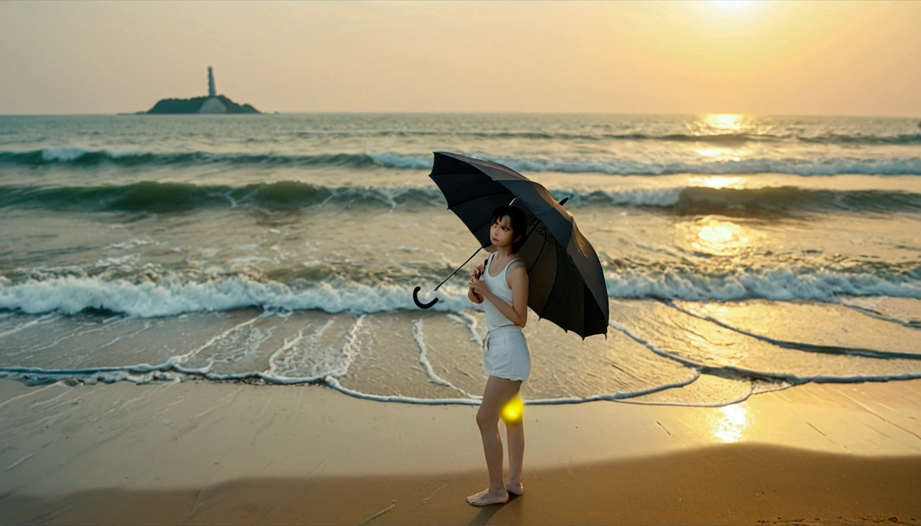 8k, Vivid picture quality, Vivid picture quality, long deserted beach, Full body shot from a distance with a wide angle lens, Short hair, beautiful appearance, Model-like body, Short and slim Korean woman, sunset의 붉은 빛, sunset, alone, afternoon, depressed, tide가 밀려온다, rain, medium size black umbrella, ocean, tide, wind, Clear picture quality, tower, White shorts, Wearing a black umbrella and looking at the camera, Short hair,
