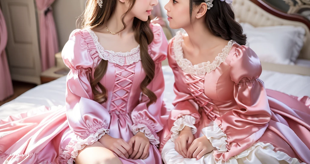 ,highest quality, masterpiece, highest resolution, artwork, super それにget used to it, many get used to it, get used to it, それにget used to it, 3K realistic photos,,((10 years old女の子)),Super detailed baby face,the two girls are princesses,Full length ball gown dress with hoop skirt,ruffled yoke collar,puff sleeves,long sleeve,((Lolita style hot pink detailed princess satin dress、Comes with lots of frills and ribbons。)),colorful rococo fashion,shiny satin dress,Soft and smooth fabric,luxury,long blonde hair,blue eyes,white skin european,pajamas,((inside the palace)),,,(( 10 years old)),Super detailed baby face,Full length ball gown dress with hoop skirt,long skirt,ruffled yoke collar,puff sleeves,腰まで伸びるlong blonde hair,blue eyes,white skin european,pajamas,((inside the palace bedroom)),シルクサテンのluxuryなcanopy bedの上,canopy bed,Luxurious curtains on both sides of the bed,many frilly pillows on the bed,super detailed background,Detailed bed,romantic atmosphere,two little princesses on the bed,Two people hugging each other,((((Both legs are hidden in the dress)))),the dress is spread out on the bed,soft silk satin comforter,soft silk satin ruffled pillow,Beautiful girl illustration,detailed beautiful face detailed hair,detailed human eye ,detailed mouth, arm details,fine hands,Detailed pillow,
