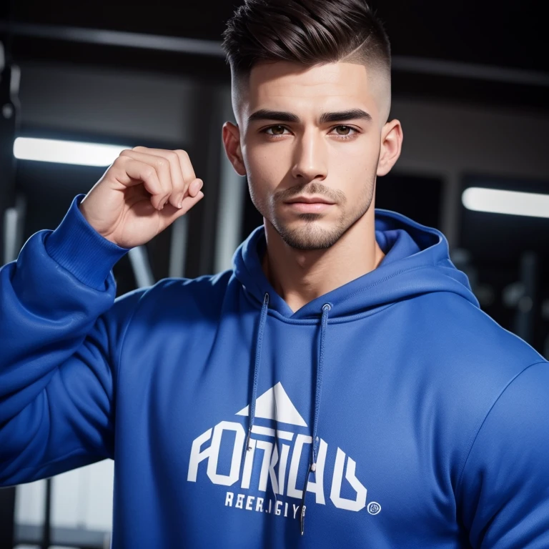 a very handsome man, with a Mid fade haircut, muscular, wearing a royal blue sweatshirt, in a gym, seen close up