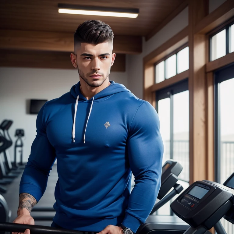 a very handsome man, with a Mid fade haircut, muscular, wearing a royal blue sweatshirt, in a gym, seen close up