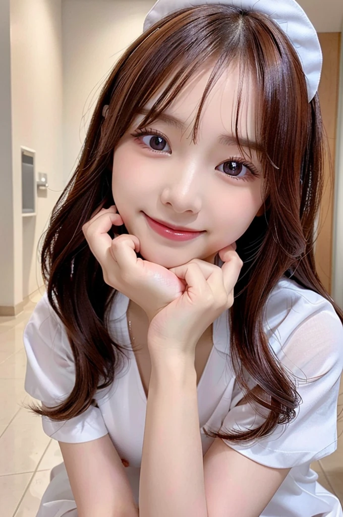 ((highest quality, 8K, masterpece :1.4)), highest real,Sharpness:1.3, Perfect Body Beauty:1.4,(pureerosface_v1:0.008), ((super real,best quality)),(soft lighting),super detailed face,top-quality,SUPER high resolution,Extraordinary beautiful girl,Detailed cute and beautiful face,facial hairs,Bangs that extend to the face,Bangs between the eyes,eye liner,Lush bust,fine eyes, double eyelid,((In-focus image,no blur)),,(((alone girl))),fine detail,highly detailed face and eyes, (cute face:1.6), my sister,18years old,(huge breasts:1.8,beautiful areola,small areola),(Clear colours,Vivid depiction),Photorealistic, 8k, RAW Photos, ----((NSFW:1.5))----------((make eye contact with the audience)),((Composition from the avobe:1.2)),-----(Inside the hospital, bright room, Marble floors, white concrete walls,large windows, sunlight shines in),(Beautiful BROWN hair:1.2, long Hair:1.2,CUTE HAIR STYLE),-----(SMILE FACE:1.4),-(Squatting:1.4,arched back:1.3,place both hands on breasts:1.2)---Real short nurse uniform, white nurse uniform, white nurse cap