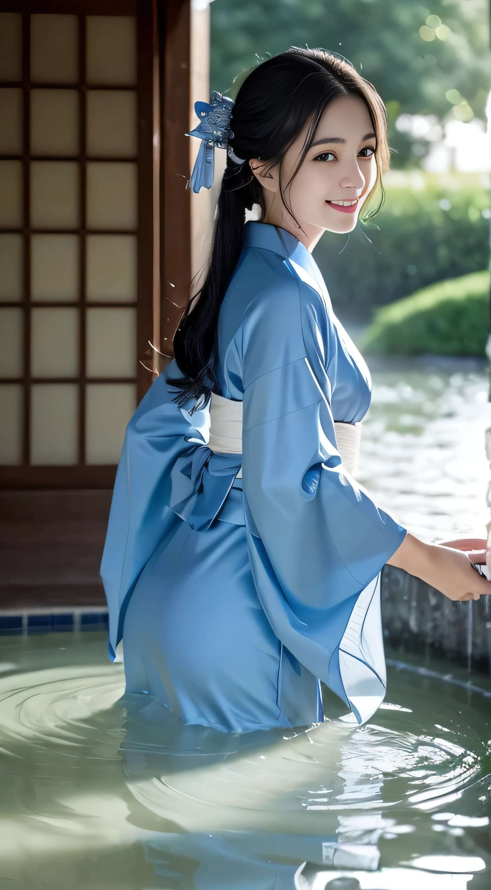 Create an ultra-cute and charming depiction of a Nure-onna, a water spirit from Japanese folklore, reimagined as a moe character with exaggerated and adorable features.

Nure-onna's Moe Appearance:
Enormous Wet Kimono:

The kimono is exceptionally large, trailing slightly on the ground with a length that adds to her cute clumsiness. It is always slightly damp, giving a gentle sheen.
The color of the kimono is a soft, deep blue or black, with subtle patterns of water droplets and waves, adding a whimsical touch.
Abnormally Long Black Hair:

The hair is extraordinarily long, reaching down to her waist in silky, flowing strands. It is always slightly damp, giving it a glossy and healthy look.
The hair is neatly styled but has a few playful tangles, moving softly like waves.
Pale Blue Skin:

Her skin is a delicate, pale blue, with a soft, almost glowing quality that makes her look ethereal and gentle.
Tiny water droplets adorn her skin, glistening like dew and adding to her magical appearance.
Large, Adorable Eyes:

Her eyes are abnormally large and sparkling, filled with a captivating light. The pupils are a cool blue or green, giving her an innocent and curious look.
Soft shadows around her eyes add depth, and a few tears give her a melancholic yet endearing expression.
Sharp, Yet Cute Claws:

Her fingertips end in long, sharp claws, but they are elegantly shaped and polished, giving them a cute, stylish appearance.
The claws glisten with tiny water droplets, reflecting a gentle light.
Charming Smile:

Her mouth forms a sweet, shy smile, with small, sharp teeth that look more playful than menacing.
The smile is warm and inviting, exuding a sense of gentle mischief.
Water Puddles at Her Feet:

Wherever she walks, small, sparkling puddles of water form at her feet.
Water gently drips from her footsteps, creating a soothing and magical ambiance.
Flowing Water from Her Back:

Water flows gently down her back, like a soft, continuous stream, adding to her serene and mystic