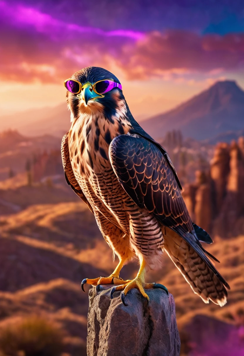 a strong falcon wearing juliet sunglasses,falcon pointing finger at camera,image with purple lighting,highly detailed,8k,photorealistic,hyperrealistic,sharp focus,dramatic lighting,studio lighting,intricate details,beautiful colors,vibrant colors,vivid colors,cinematic,dramatic,moody