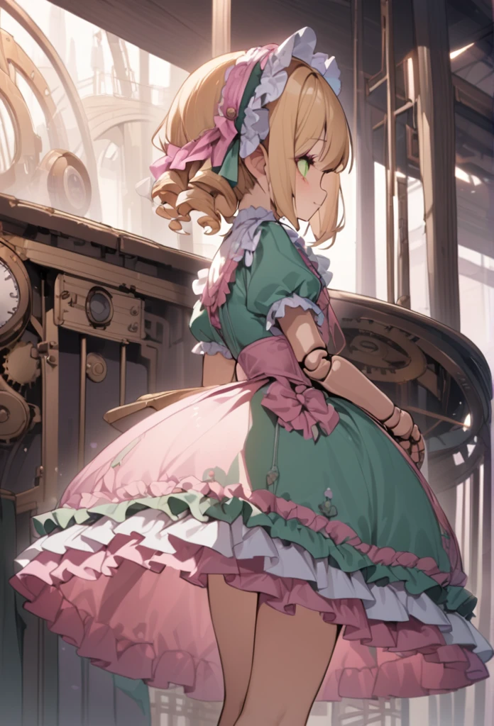 Blonde hair,ringlet,emerald green eyes,long eyelashes,light pink victorian dress,puffy short sleeves,frilled dress,frilly wide brimmed Bonnet with bows,fringe bangs,cowboy shot,masterpiece,highress,soft smile,bishoujo,peterpan collar,sideview,facing away,solo,(pink clothes),ball joins,doll joints,clockwork, cage skirt,crinoline,