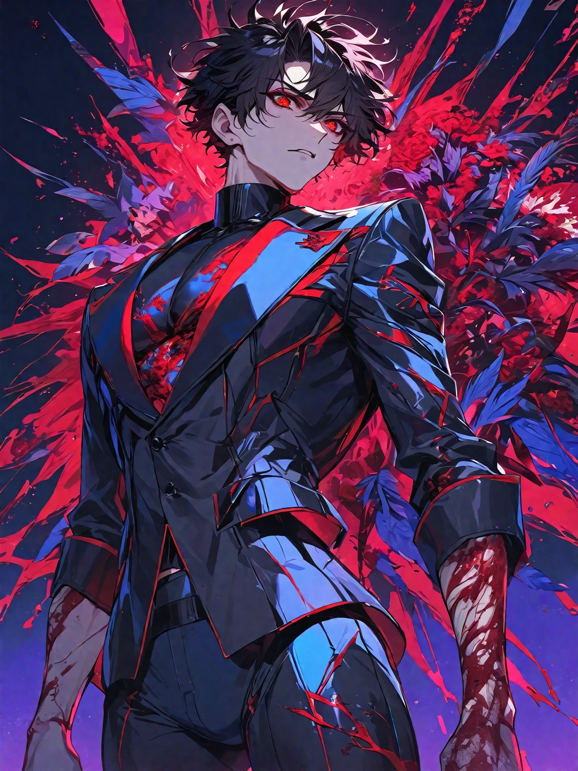 One, beautiful, 1 man, with a sporty body, V-shaped body, black-bard Britannia suit with bloody elements, red veins on the arm, bloody details, model hair, short hair, black hair, blood red eyes, neon eyes, red threads, black light