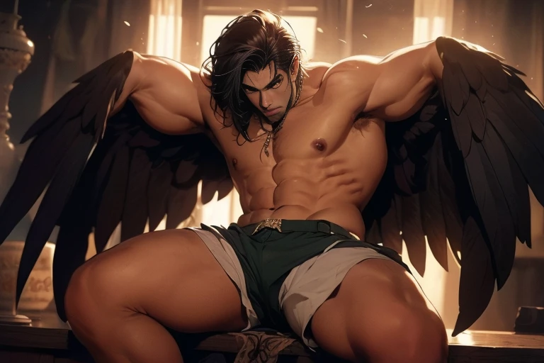 tight mini shorts, 19 year old, Tarzan((obra de arte, melhor qualidade, high resolution)) A handsome man with black demon wings, olhos vermelhos, Orelhas pontudas, muscular